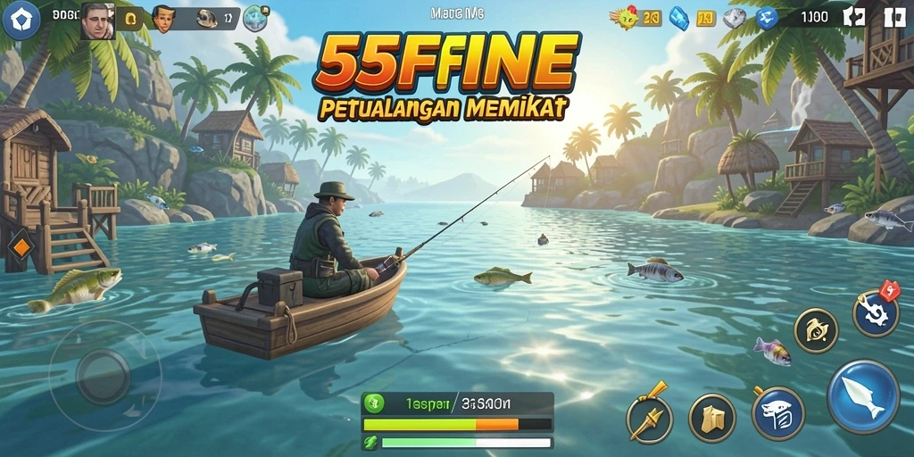 Tampilan gameplay <strong>55FIVE</strong> saat menangkap ikan dengan teknik memancing yang realistis.