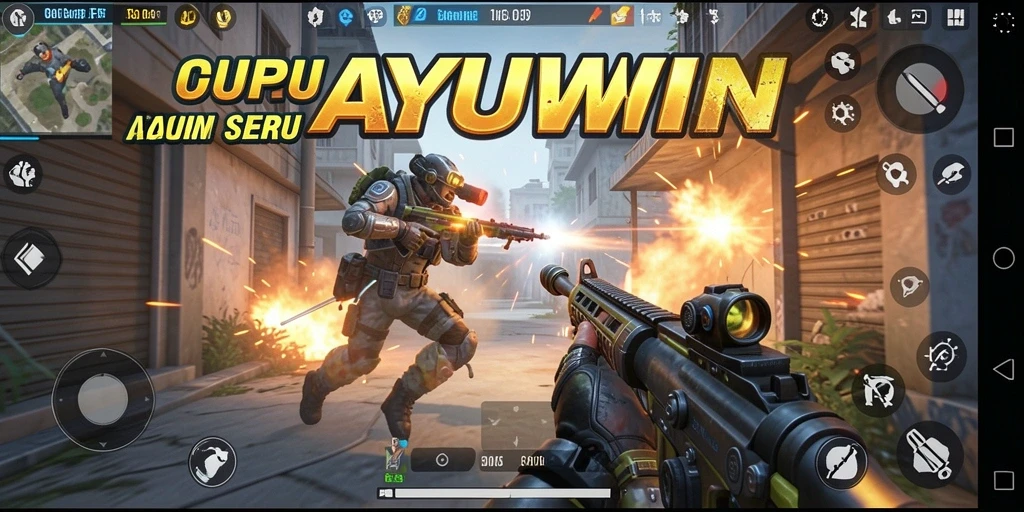 Screenshot utama AYUWIN menampilkan aksi tembak-menembak yang intens.