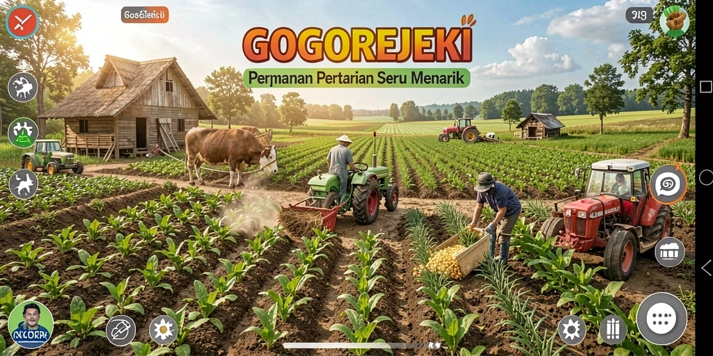 Screenshot utama GOGOREJEKI menampilkan gameplay pertanian yang mendebarkan.