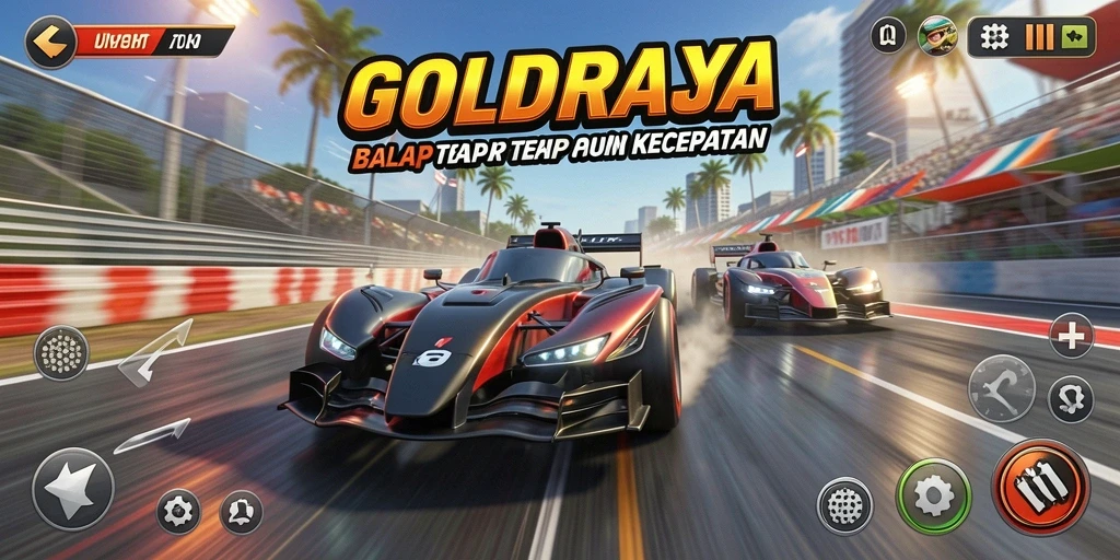 Tampilan gameplay GOLDRAJA yang penuh aksi dan kecepatan tinggi.