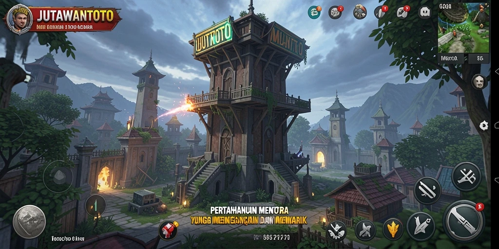 Screenshot gameplay JUTAWANTOTO yang menunjukkan aksi pertahanan menara yang mendebarkan.