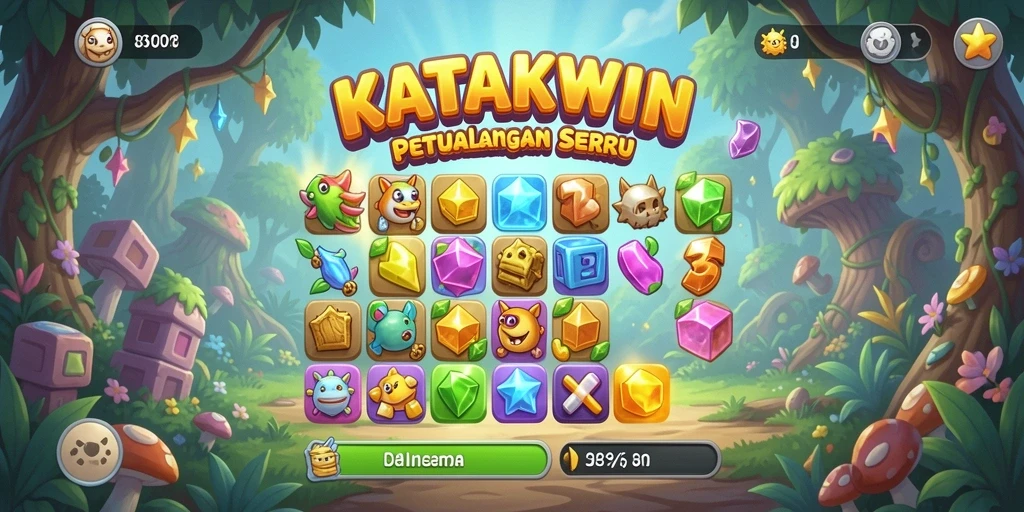 Tampilan gameplay KATAKWIN yang penuh warna dan menarik.