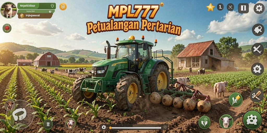 Screenshot gameplay MPL777 dengan ladang indah dan aktivitas bertani.