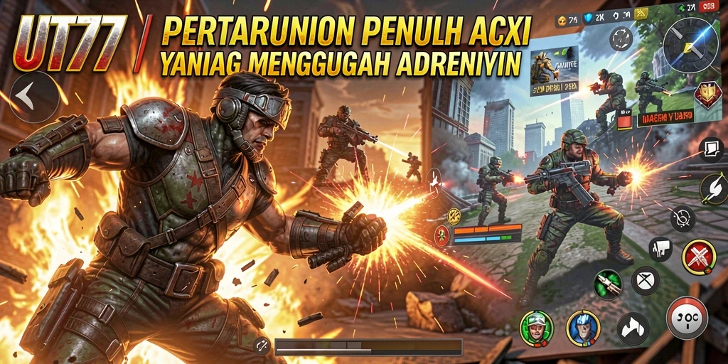 Screenshot UT77 menunjukkan pertarungan seru antara karakter di arena.