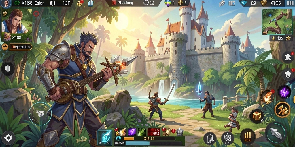 Screenshot gameplay X168 menampilkan aksi epik dalam pertempuran RPG.